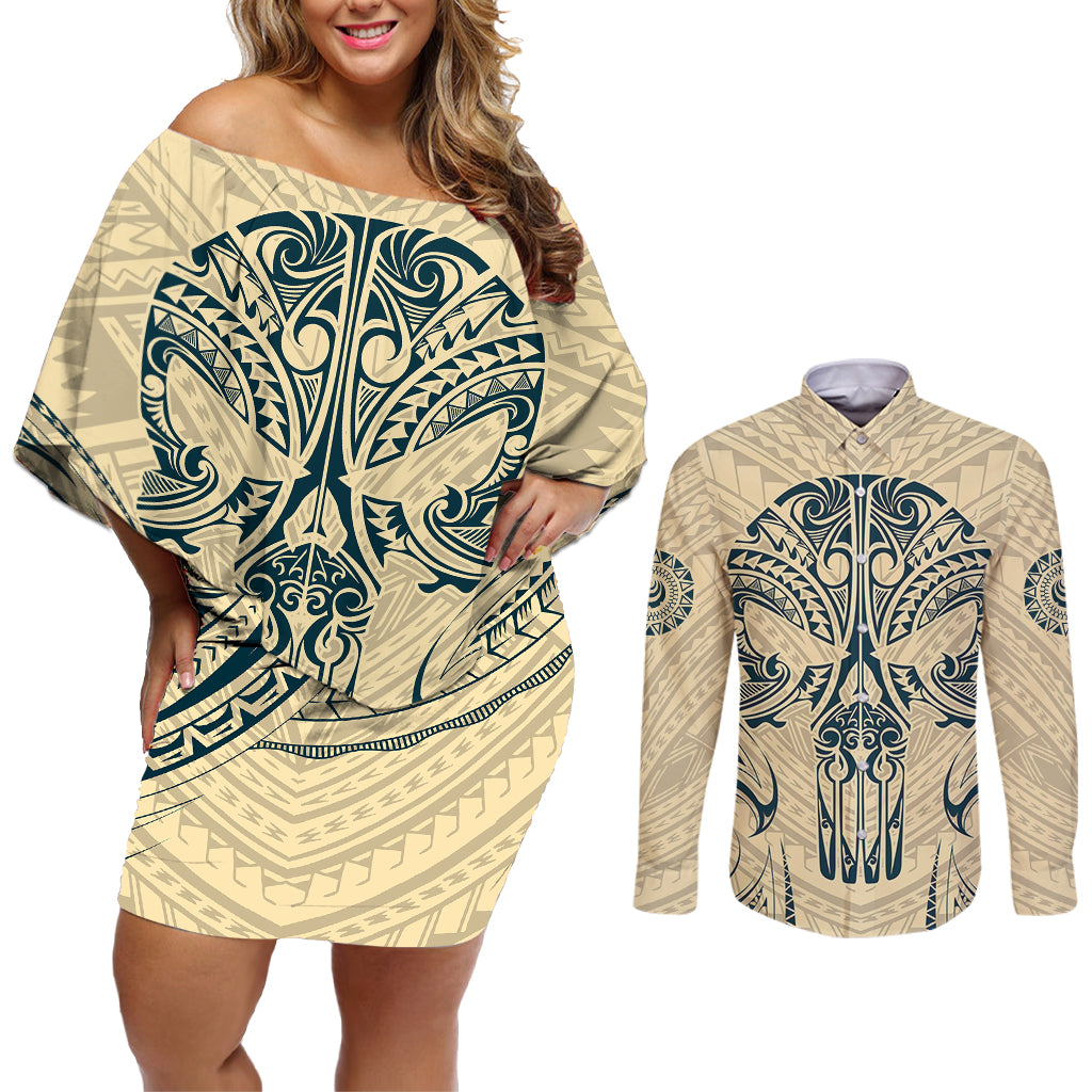 Polynesian Couples Matching Off Shoulder Short Dress and Long Sleeve Button Shirts Warrior Skull with Tribal Patterns Tattoo Design TS04 Yellow - Polynesian Pride