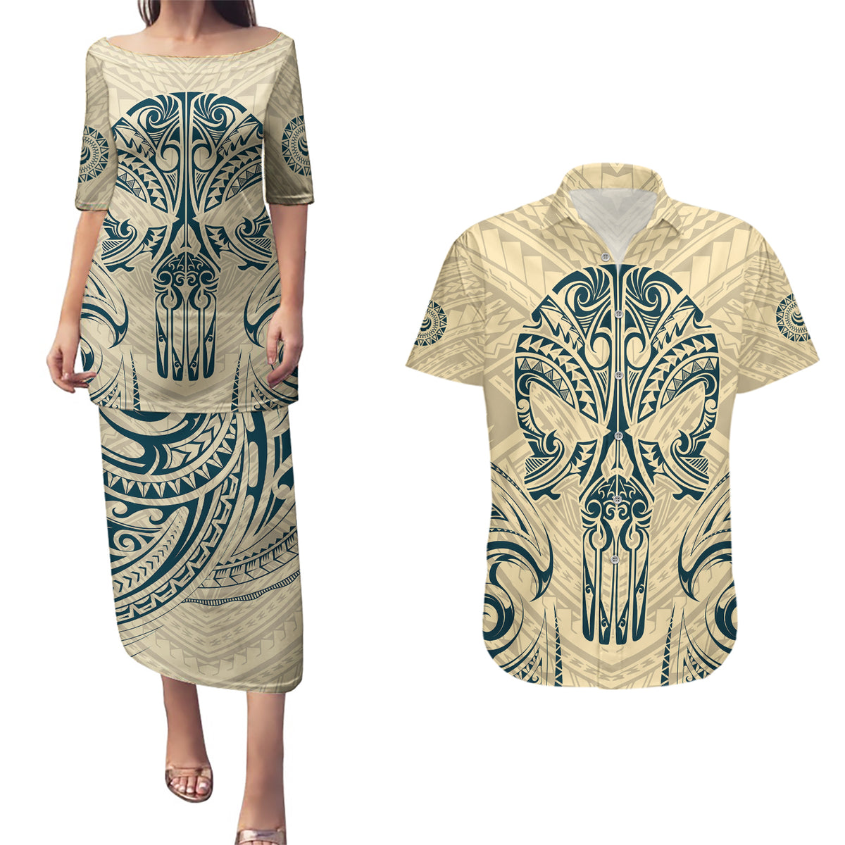 Polynesian Couples Matching Puletasi Dress and Hawaiian Shirt Warrior Skull with Tribal Patterns Tattoo Design TS04 Yellow - Polynesian Pride