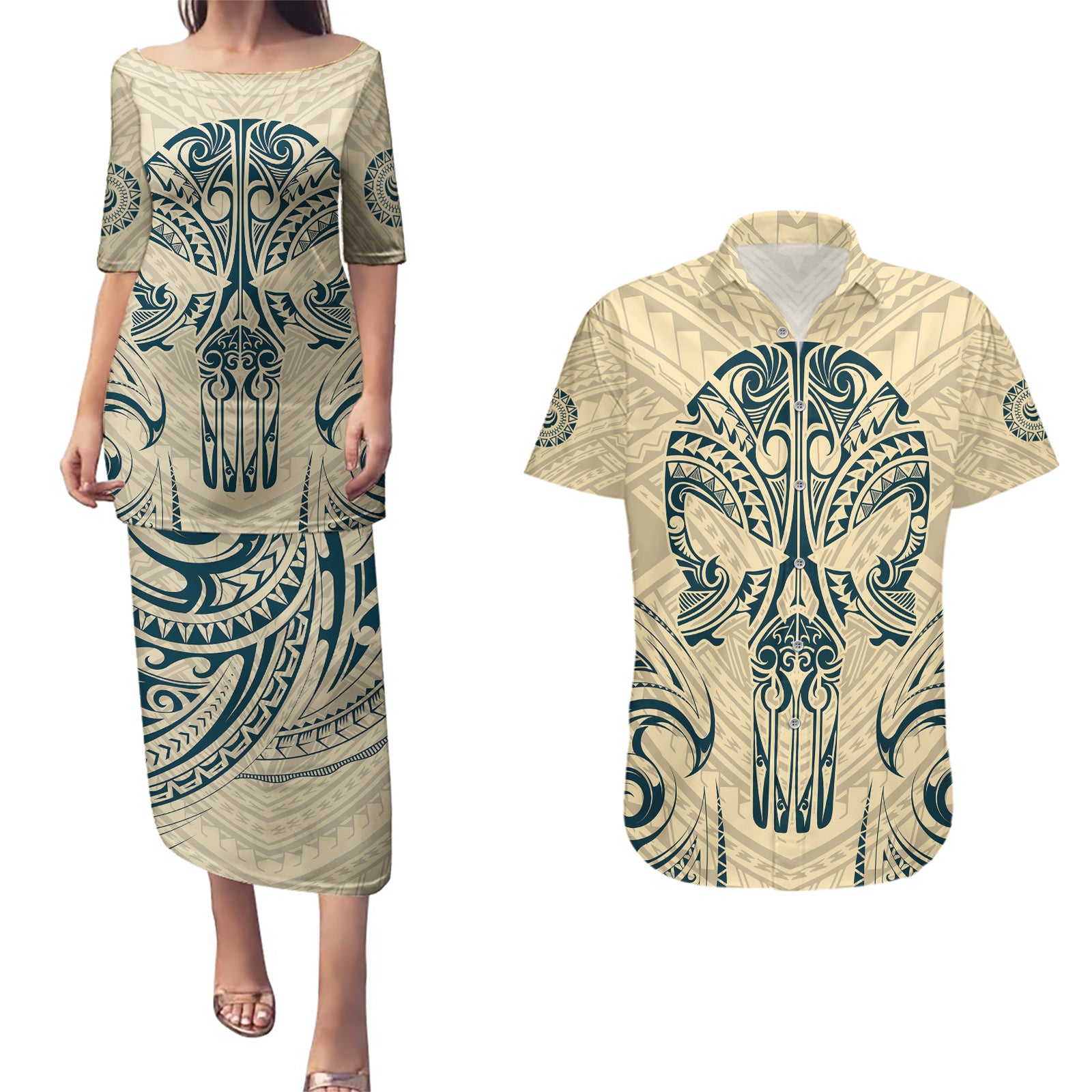 Polynesian Couples Matching Puletasi Dress and Hawaiian Shirt Warrior Skull with Tribal Patterns Tattoo Design TS04 Yellow - Polynesian Pride