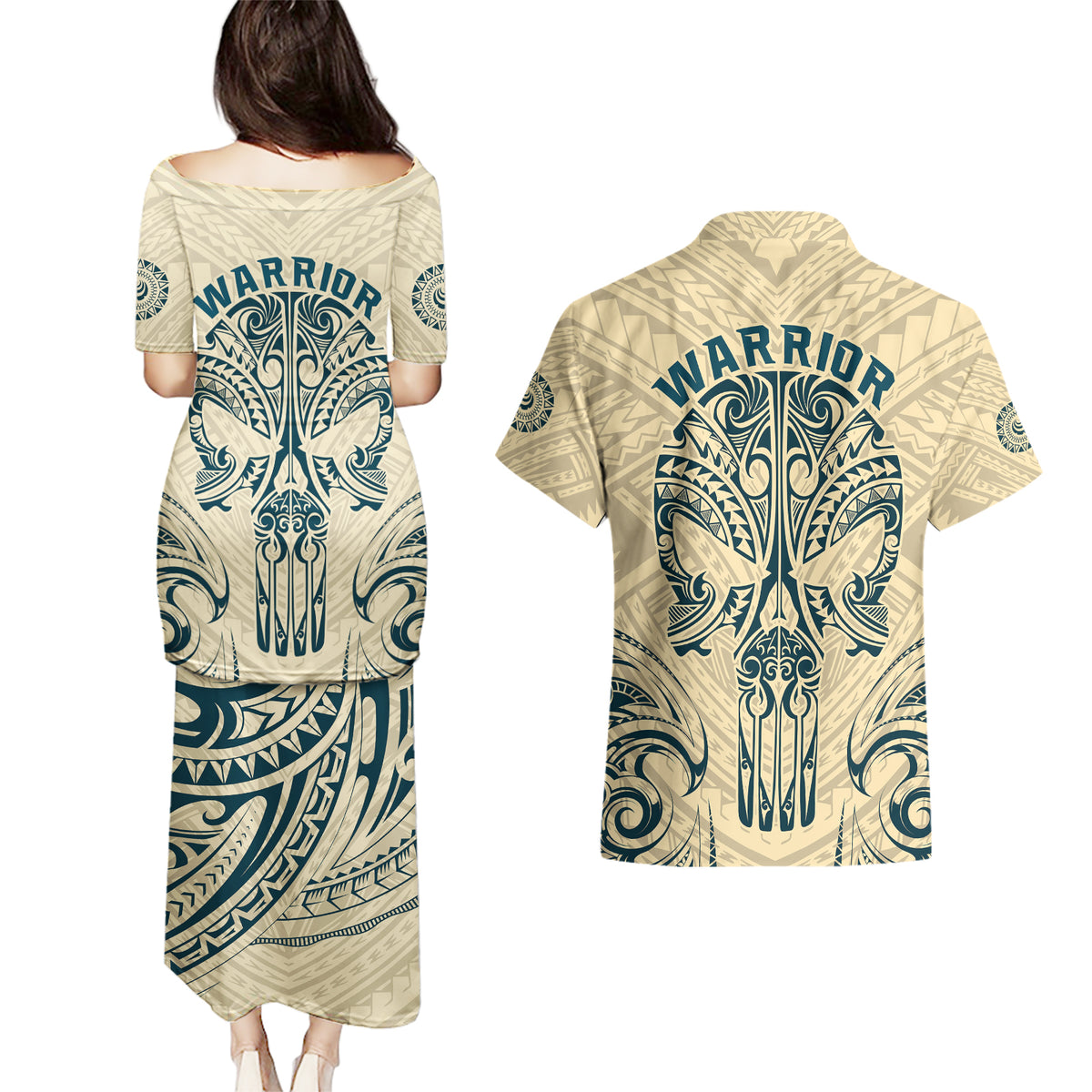 Polynesian Couples Matching Puletasi Dress and Hawaiian Shirt Warrior Skull with Tribal Patterns Tattoo Design TS04 - Polynesian Pride