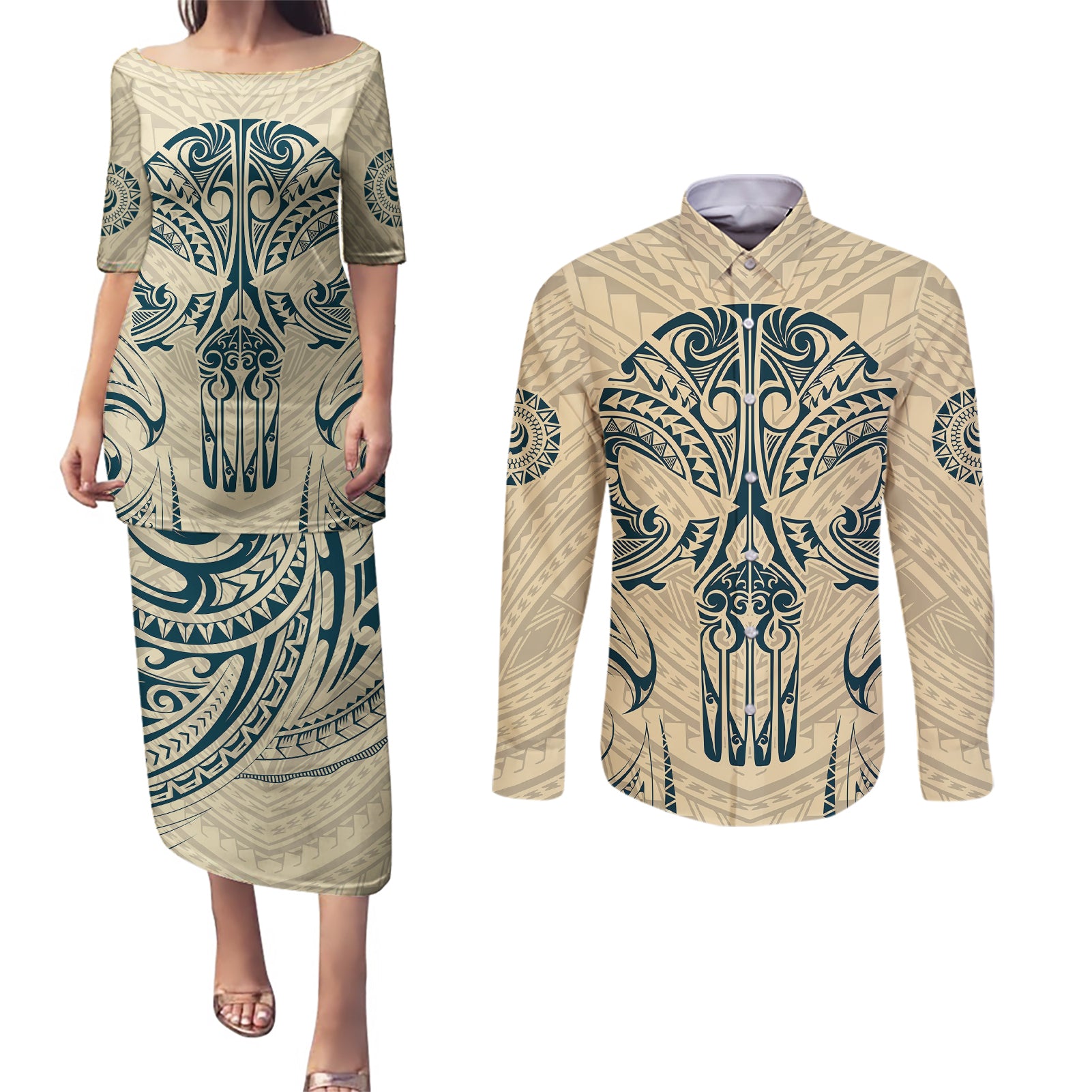 Polynesian Couples Matching Puletasi Dress and Long Sleeve Button Shirts Warrior Skull with Tribal Patterns Tattoo Design TS04 Yellow - Polynesian Pride
