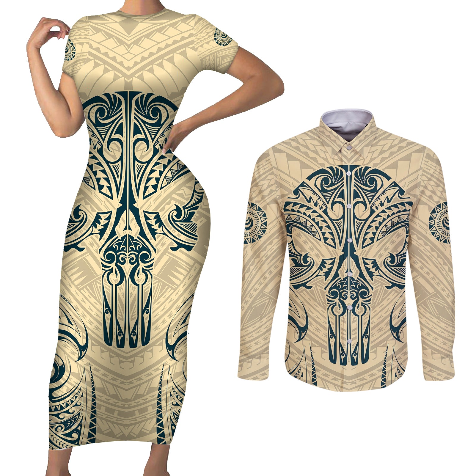 Polynesian Couples Matching Short Sleeve Bodycon Dress and Long Sleeve Button Shirts Warrior Skull with Tribal Patterns Tattoo Design TS04 Yellow - Polynesian Pride
