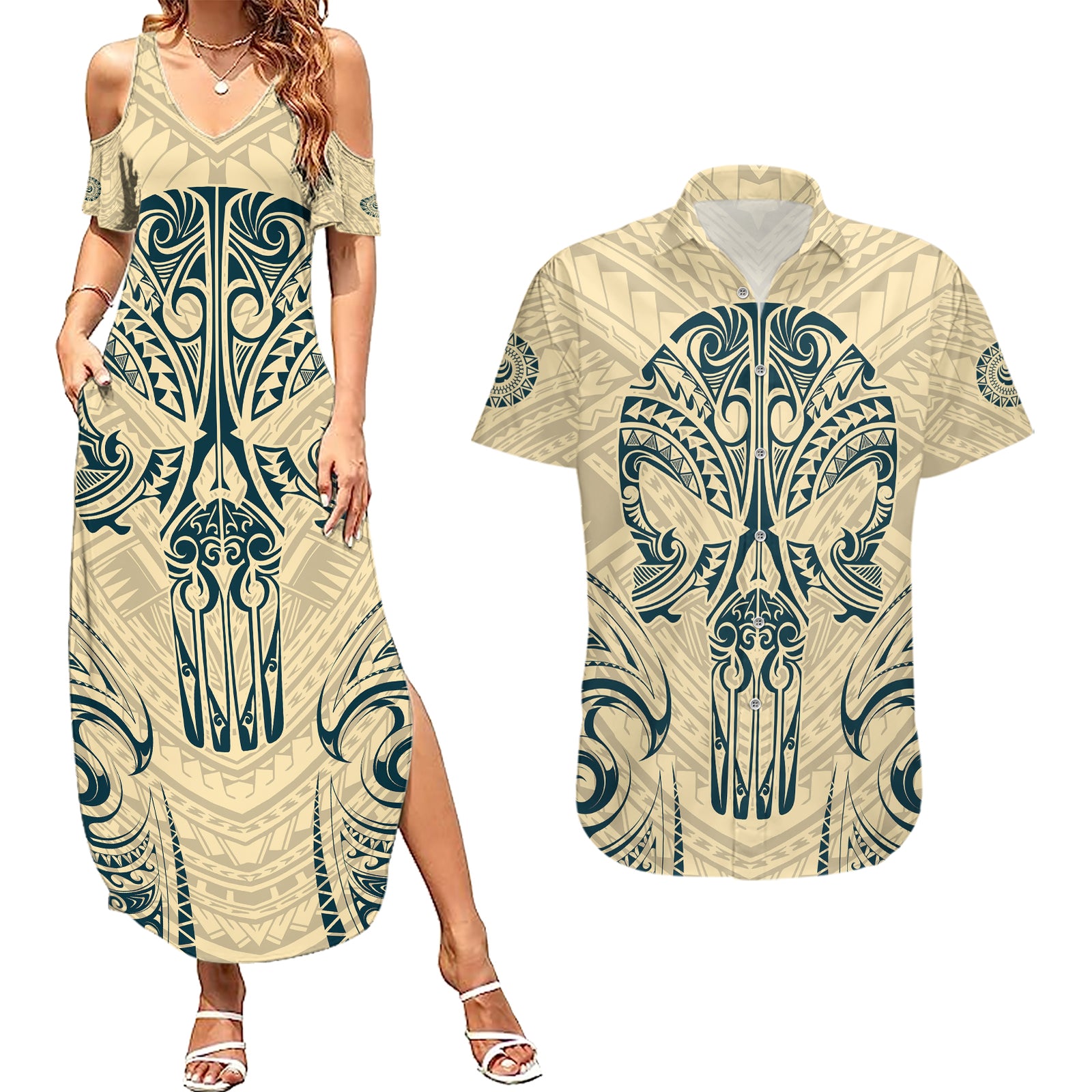Polynesian Couples Matching Summer Maxi Dress and Hawaiian Shirt Warrior Skull with Tribal Patterns Tattoo Design TS04 Yellow - Polynesian Pride