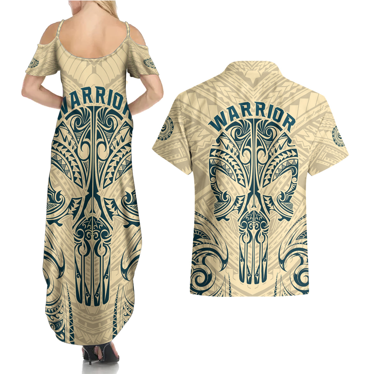 Polynesian Couples Matching Summer Maxi Dress and Hawaiian Shirt Warrior Skull with Tribal Patterns Tattoo Design TS04 - Polynesian Pride
