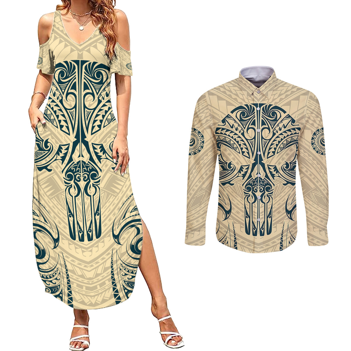 Polynesian Couples Matching Summer Maxi Dress and Long Sleeve Button Shirts Warrior Skull with Tribal Patterns Tattoo Design TS04 Yellow - Polynesian Pride