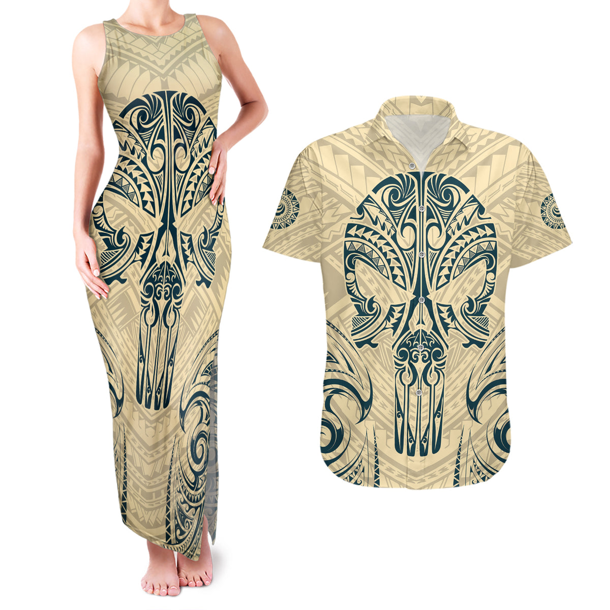 Polynesian Couples Matching Tank Maxi Dress and Hawaiian Shirt Warrior Skull with Tribal Patterns Tattoo Design TS04 Yellow - Polynesian Pride