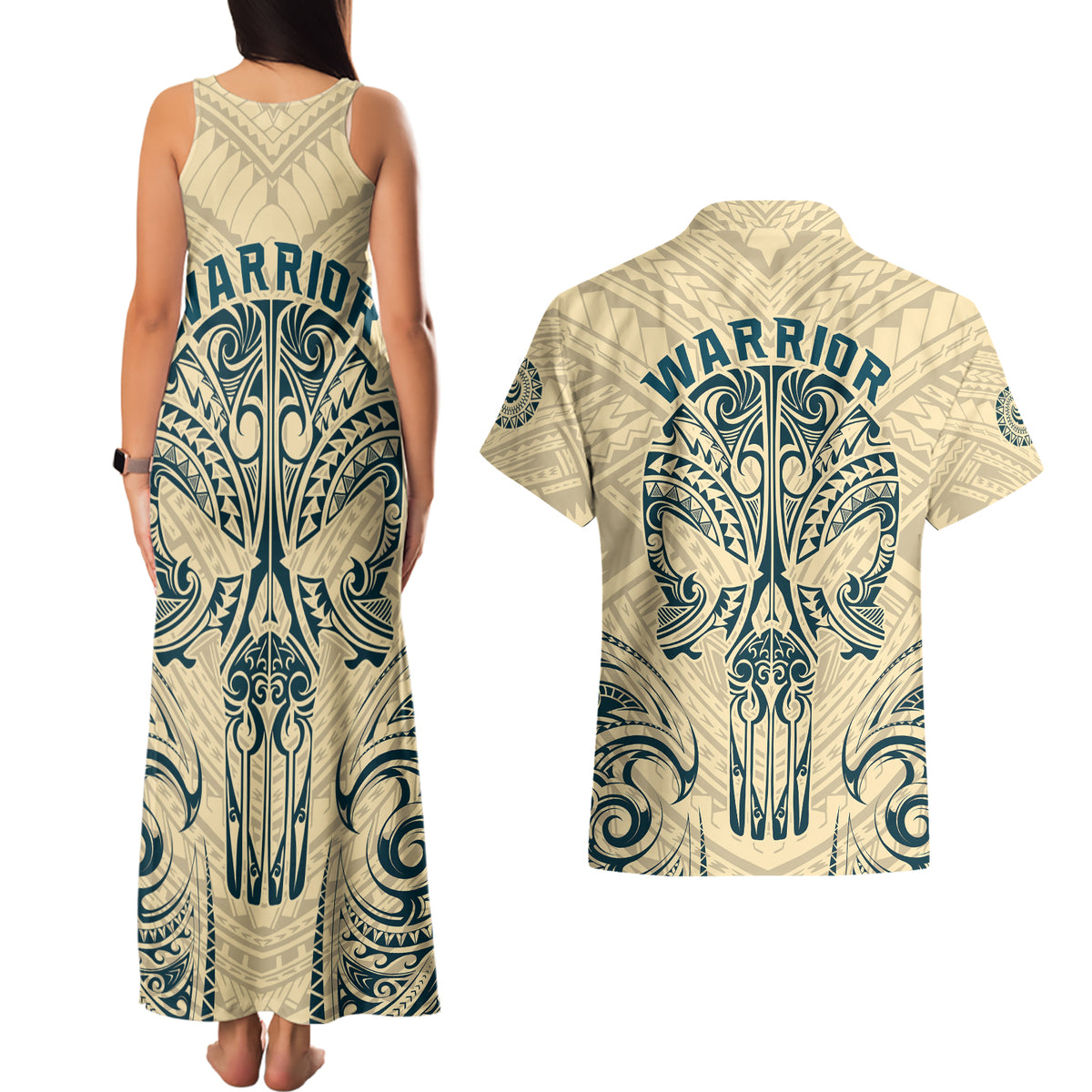 Polynesian Couples Matching Tank Maxi Dress and Hawaiian Shirt Warrior Skull with Tribal Patterns Tattoo Design TS04 - Polynesian Pride