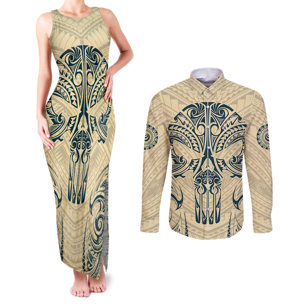 Polynesian Couples Matching Tank Maxi Dress and Long Sleeve Button Shirts Warrior Skull with Tribal Patterns Tattoo Design TS04 Yellow - Polynesian Pride