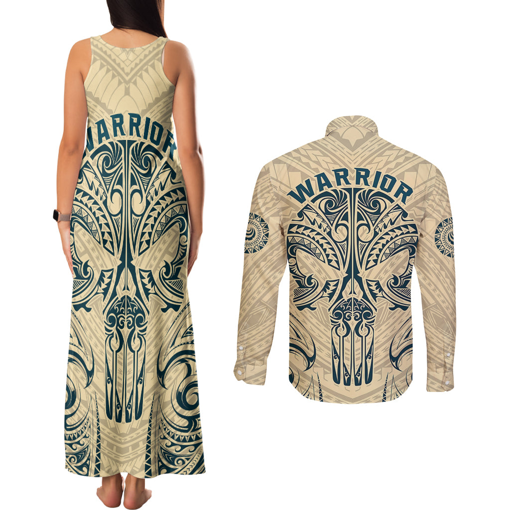Polynesian Couples Matching Tank Maxi Dress and Long Sleeve Button Shirts Warrior Skull with Tribal Patterns Tattoo Design TS04 - Polynesian Pride