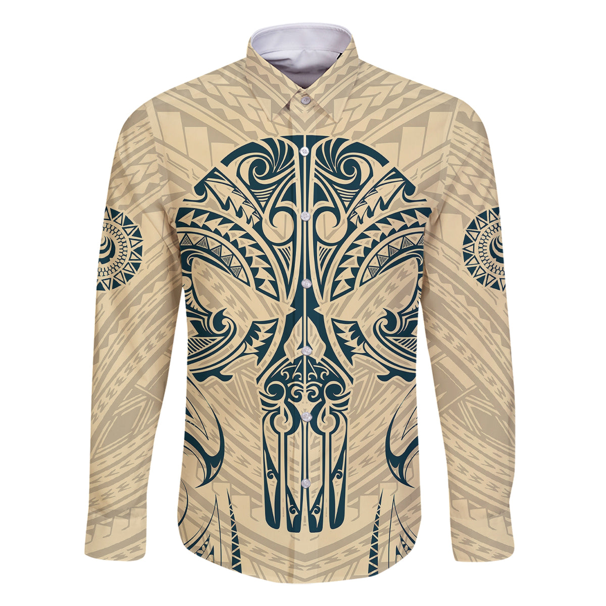 Polynesian Family Matching Long Sleeve Bodycon Dress and Hawaiian Shirt Warrior Skull with Tribal Patterns Tattoo Design TS04 Dad's Shirt - Long Sleeve Yellow - Polynesian Pride