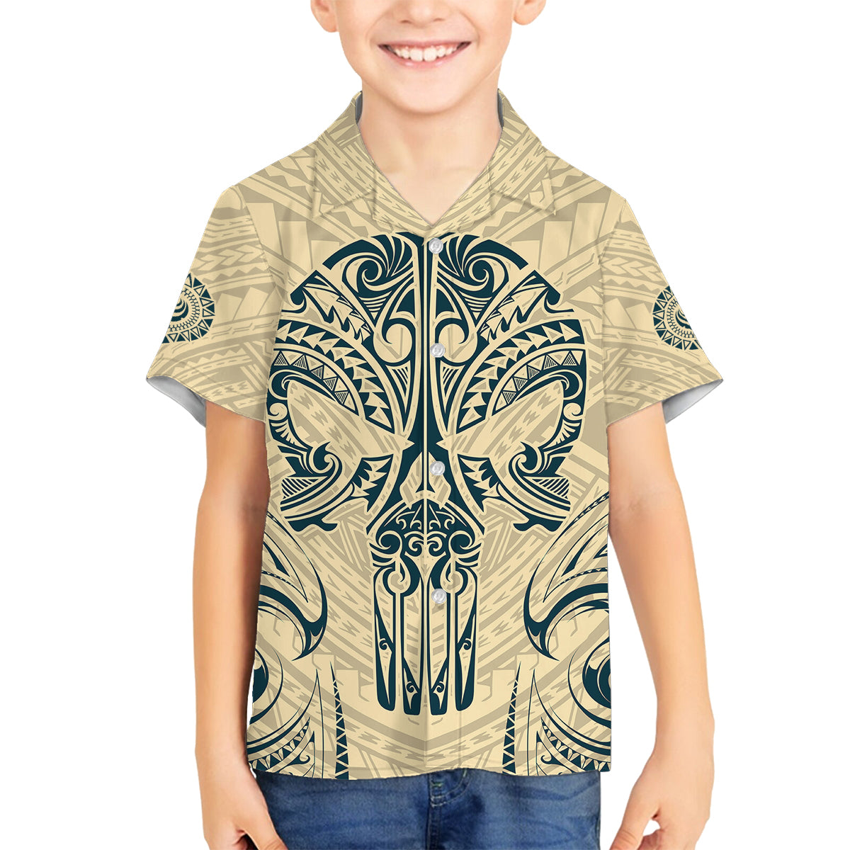 Polynesian Family Matching Off Shoulder Short Dress and Hawaiian Shirt Warrior Skull with Tribal Patterns Tattoo Design TS04 Son's Shirt Yellow - Polynesian Pride