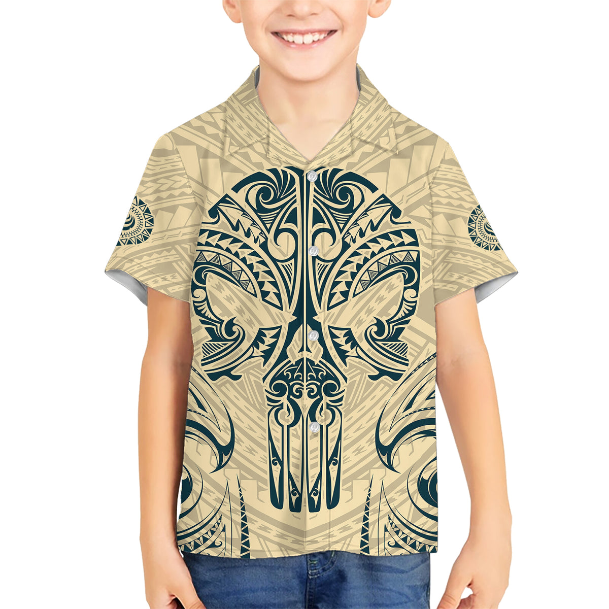 Polynesian Hawaiian Shirt Warrior Skull with Tribal Patterns Tattoo Design TS04 - Polynesian Pride