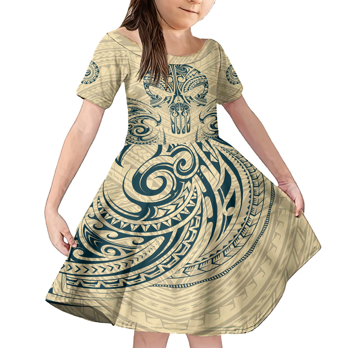 Polynesian Kid Short Sleeve Dress Warrior Skull with Tribal Patterns Tattoo Design TS04 KID Yellow - Polynesian Pride