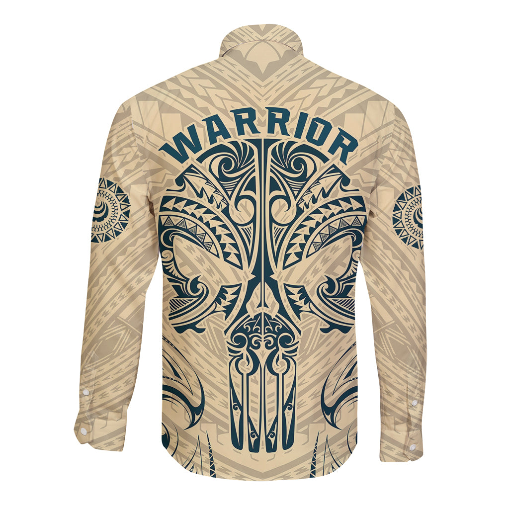 Polynesian Long Sleeve Button Shirt Warrior Skull with Tribal Patterns Tattoo Design TS04 - Polynesian Pride