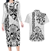Hawaii Couples Matching Long Sleeve Bodycon Dress and Hawaiian Shirt with Polynesian Turtle TS04 Black White - Polynesian Pride