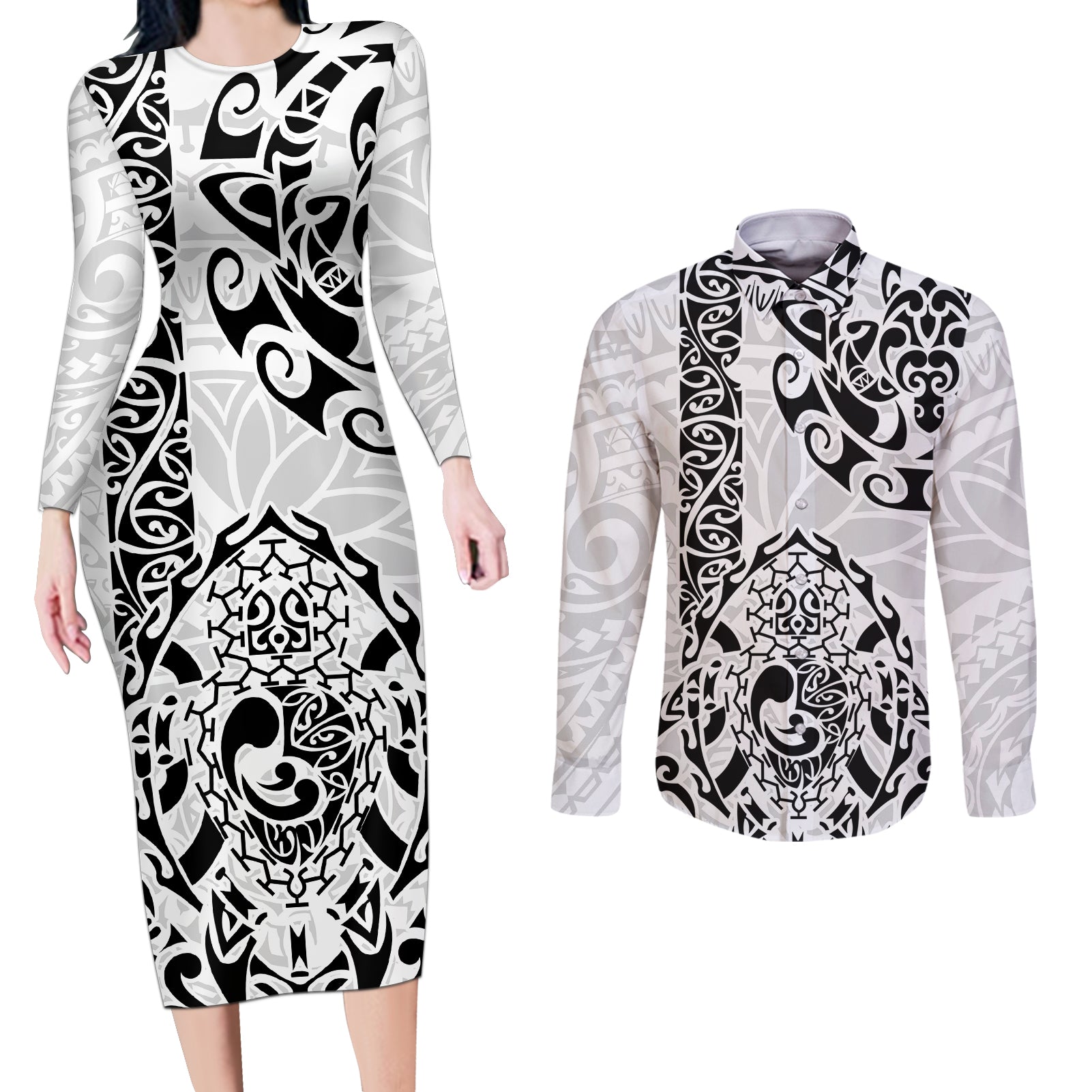 Hawaii Couples Matching Long Sleeve Bodycon Dress and Long Sleeve Button Shirts with Polynesian Turtle TS04 Black/White - Polynesian Pride