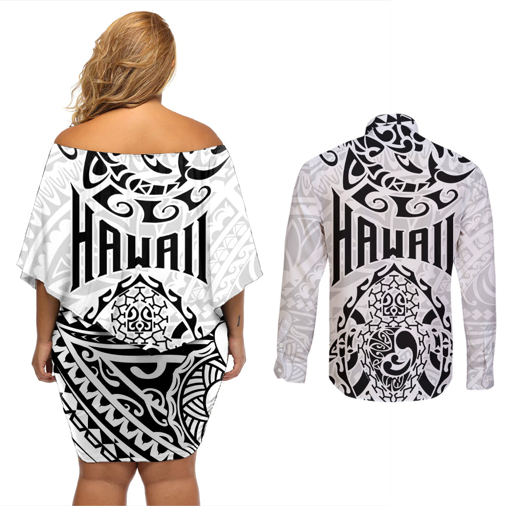 Hawaii Couples Matching Off Shoulder Short Dress and Long Sleeve Button Shirts with Polynesian Turtle TS04 - Polynesian Pride