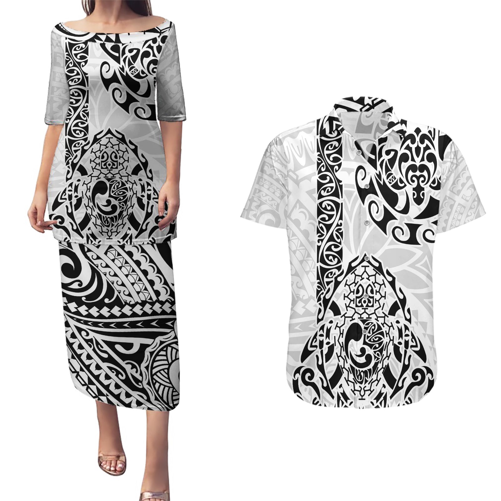 Hawaii Couples Matching Puletasi Dress and Hawaiian Shirt with Polynesian Turtle TS04 Black/White - Polynesian Pride