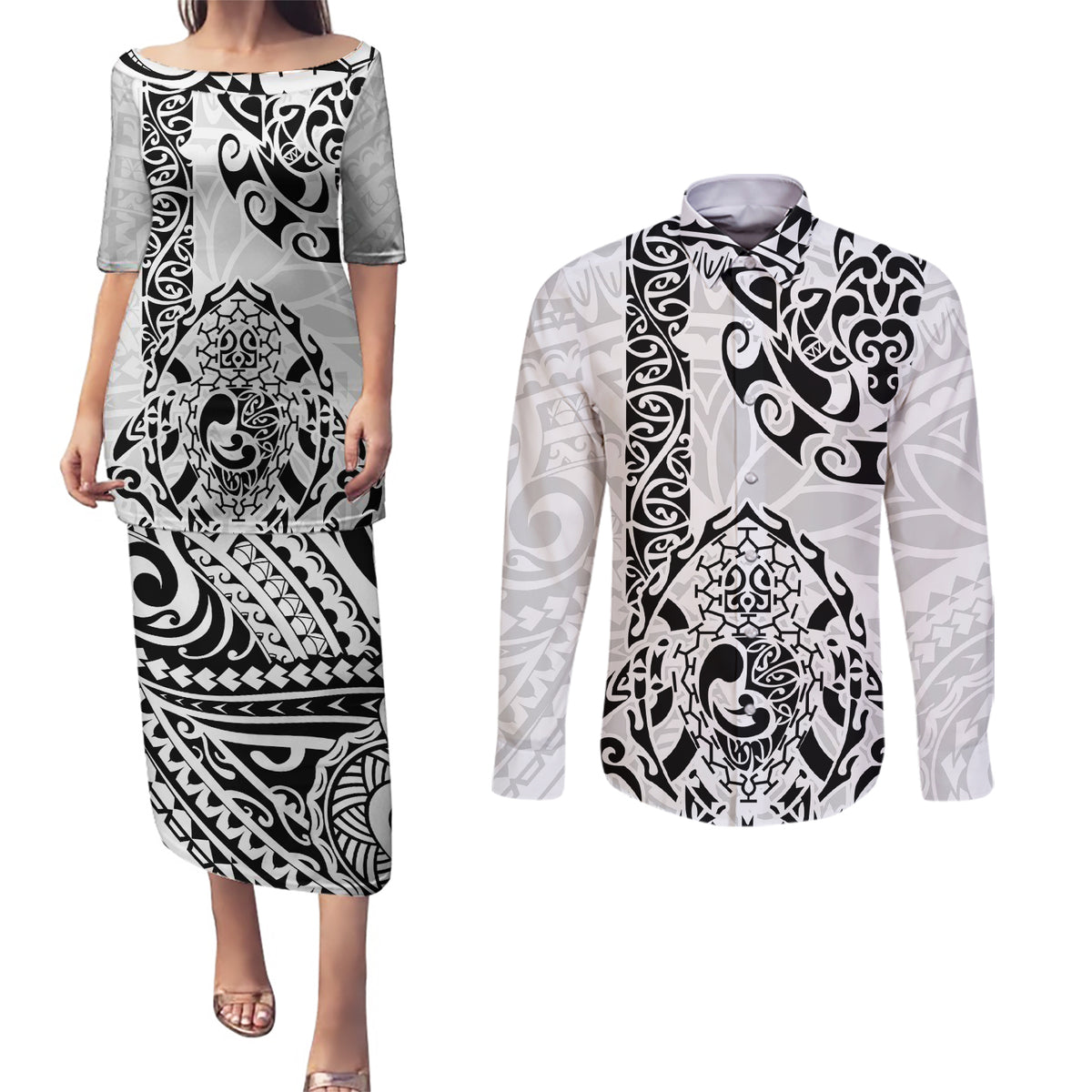 Hawaii Couples Matching Puletasi Dress and Long Sleeve Button Shirts with Polynesian Turtle TS04 Black/White - Polynesian Pride