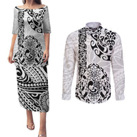 Hawaii Couples Matching Puletasi Dress and Long Sleeve Button Shirts with Polynesian Turtle TS04 Black/White - Polynesian Pride