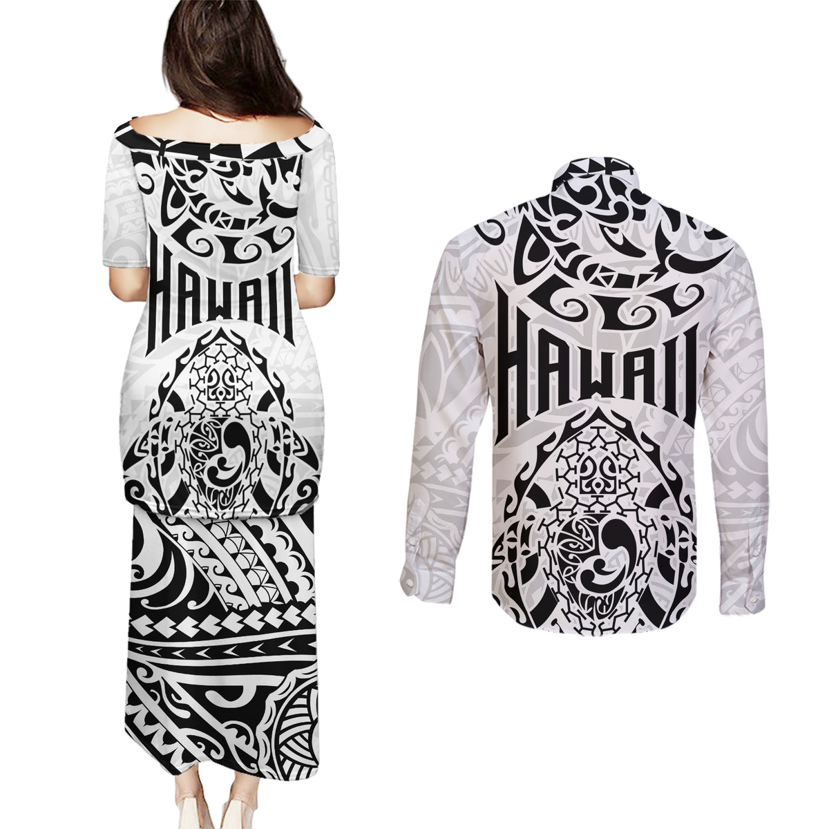 Hawaii Couples Matching Puletasi Dress and Long Sleeve Button Shirts with Polynesian Turtle TS04 - Polynesian Pride