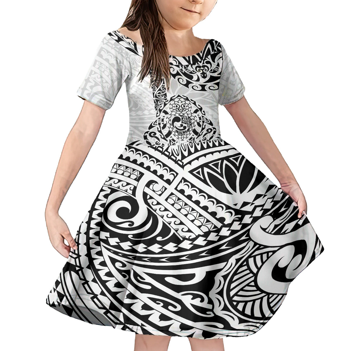Hawaii Family Matching Long Sleeve Bodycon Dress and Hawaiian Shirt with Polynesian Turtle TS04 Daughter's Dress Black White - Polynesian Pride