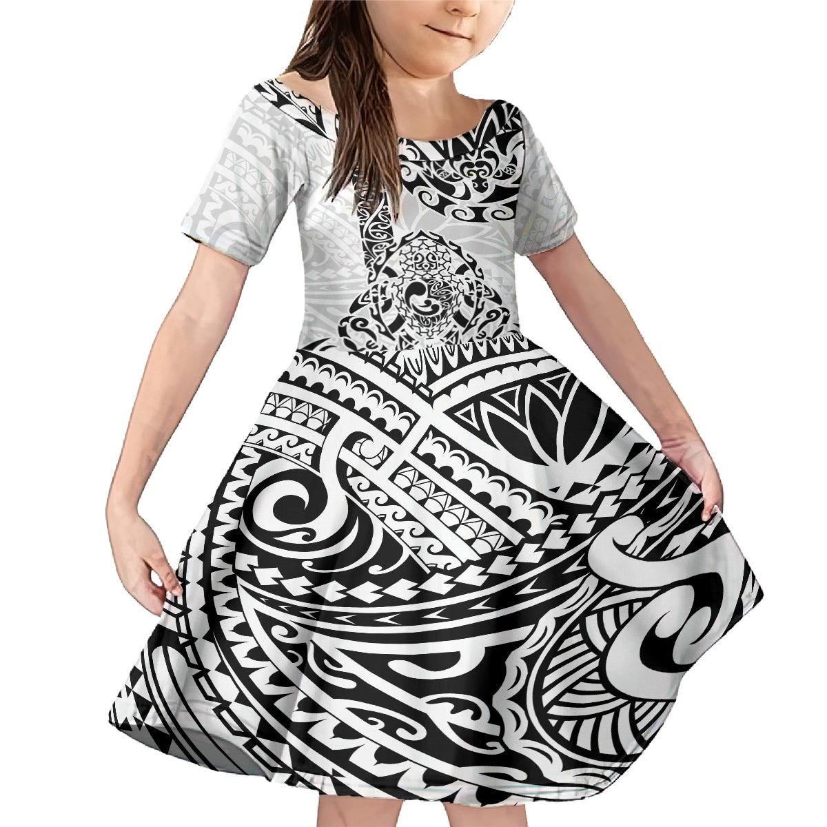 Hawaii Family Matching Mermaid Dress and Hawaiian Shirt with Polynesian Turtle TS04 Daughter's Dress Black/White - Polynesian Pride