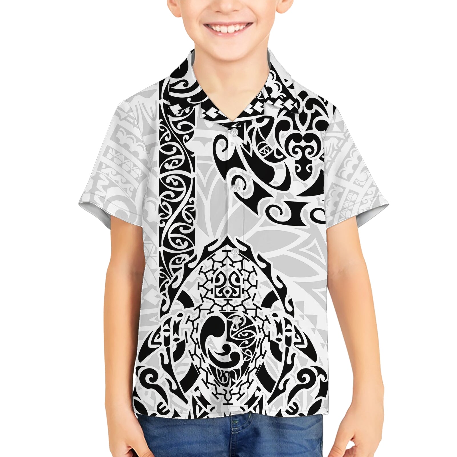 Hawaii Kid Hawaiian Shirt with Polynesian Turtle TS04 Kid Black/White - Polynesian Pride