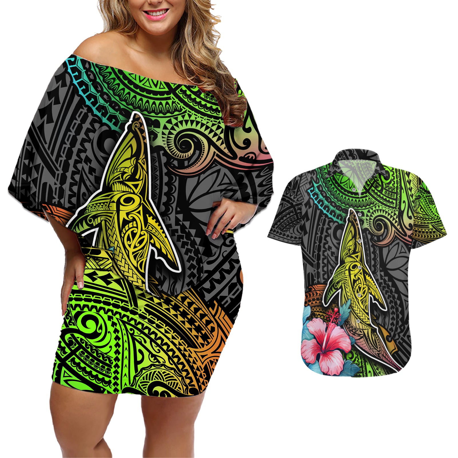 Polynesian Couples Matching Off Shoulder Short Dress and Hawaiian Shirt Whales and Compass Gradient Pattern TS04 Gradient - Polynesian Pride