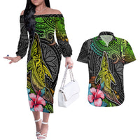 Polynesian Couples Matching Off The Shoulder Long Sleeve Dress and Hawaiian Shirt Whales and Compass Gradient Pattern TS04 Gradient - Polynesian Pride