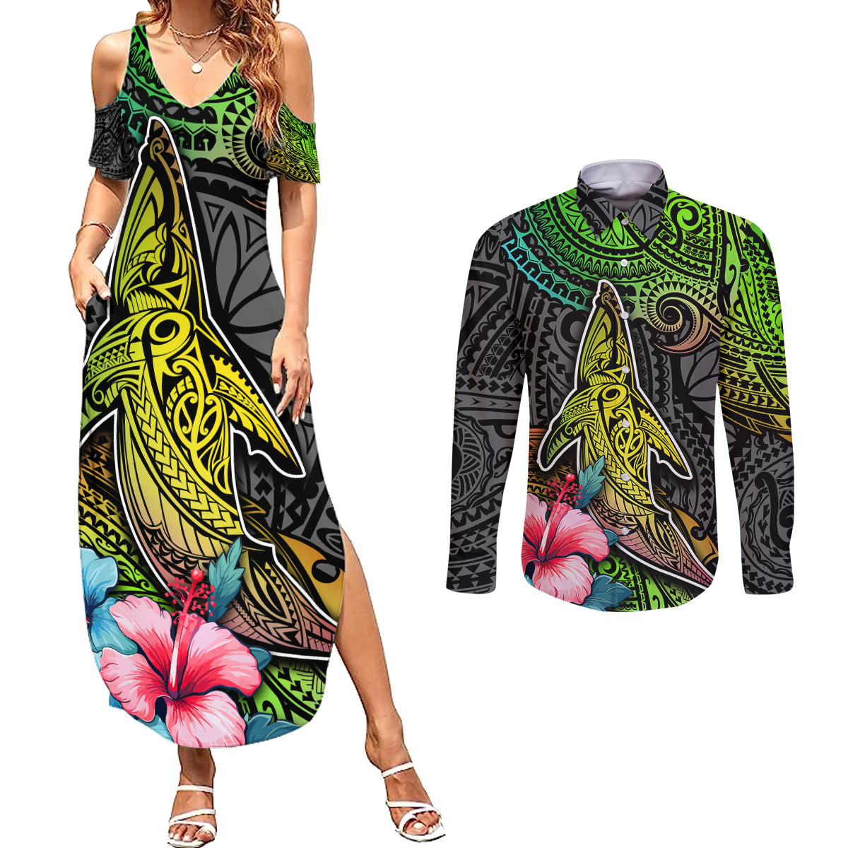 Polynesian Couples Matching Summer Maxi Dress and Long Sleeve Button Shirts Whales and Compass Gradient Pattern TS04 Gradient - Polynesian Pride