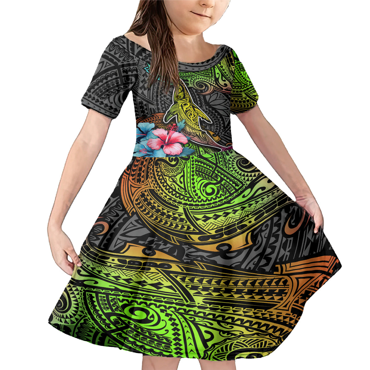 Polynesian Family Matching Mermaid Dress and Hawaiian Shirt Whales and Compass Gradient Pattern TS04 Daughter's Dress Gradient - Polynesian Pride