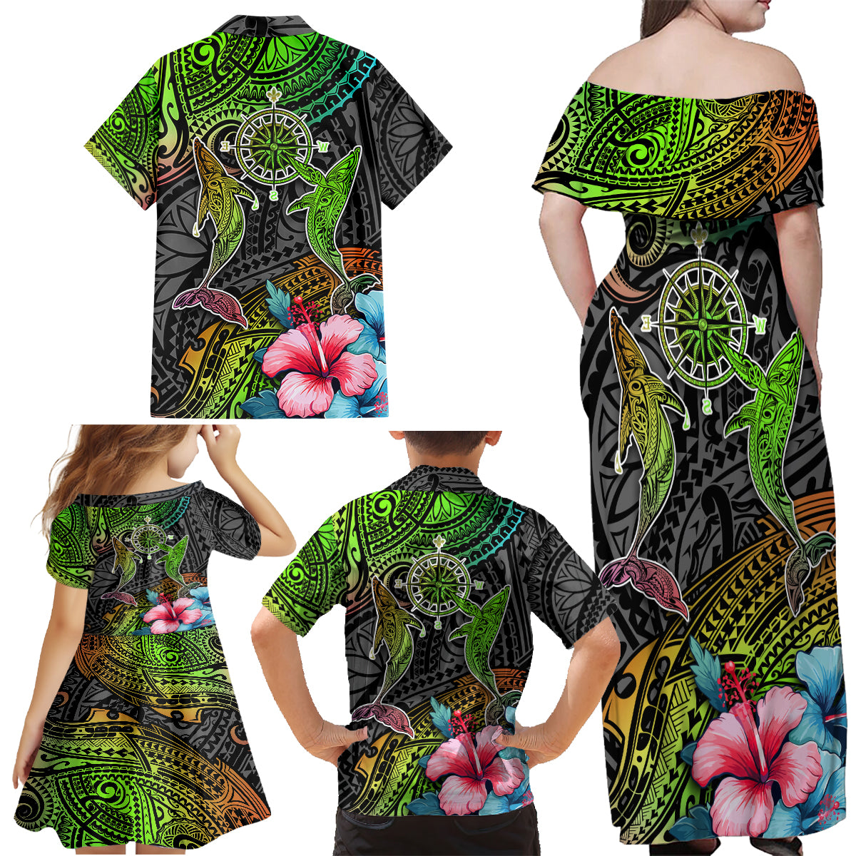 Polynesian Family Matching Off Shoulder Maxi Dress and Hawaiian Shirt Whales and Compass Gradient Pattern TS04 - Polynesian Pride