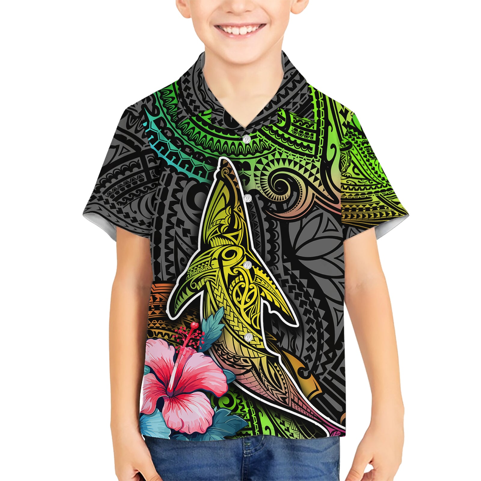 Polynesian Kid Hawaiian Shirt Whales and Compass Gradient Pattern TS04 Kid Gradient - Polynesian Pride