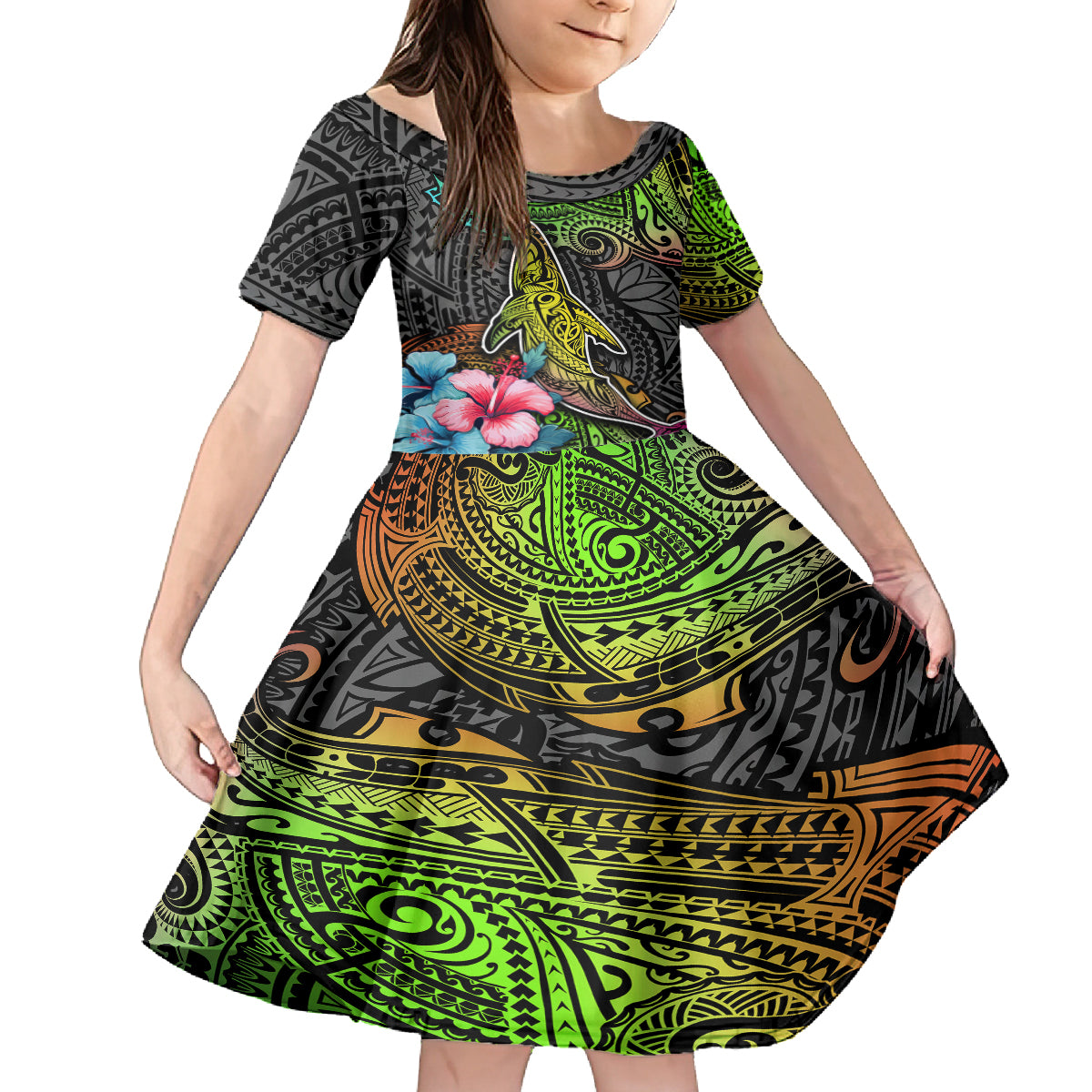 Polynesian Kid Short Sleeve Dress Whales and Compass Gradient Pattern TS04 KID Gradient - Polynesian Pride