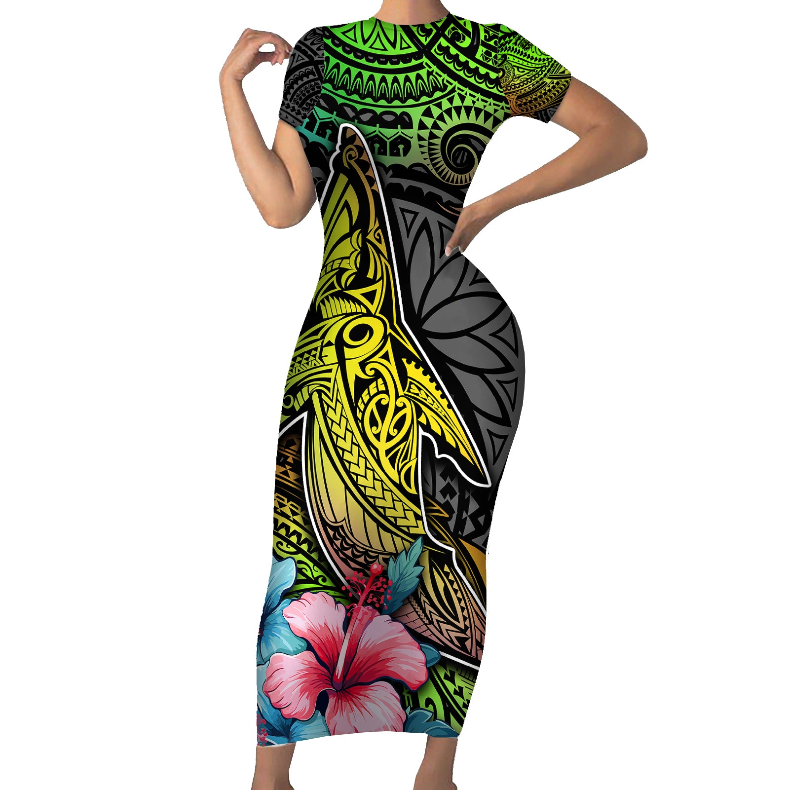 Polynesian Short Sleeve Bodycon Dress Whales and Compass Gradient Pattern TS04 Long Dress Gradient - Polynesian Pride