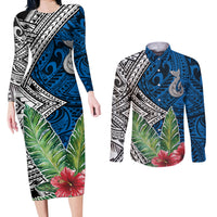 Polynesian Couples Matching Long Sleeve Bodycon Dress and Long Sleeve Button Shirts Whale Pattern and Hibiscus Flowers TS04 Multicolor - Polynesian Pride