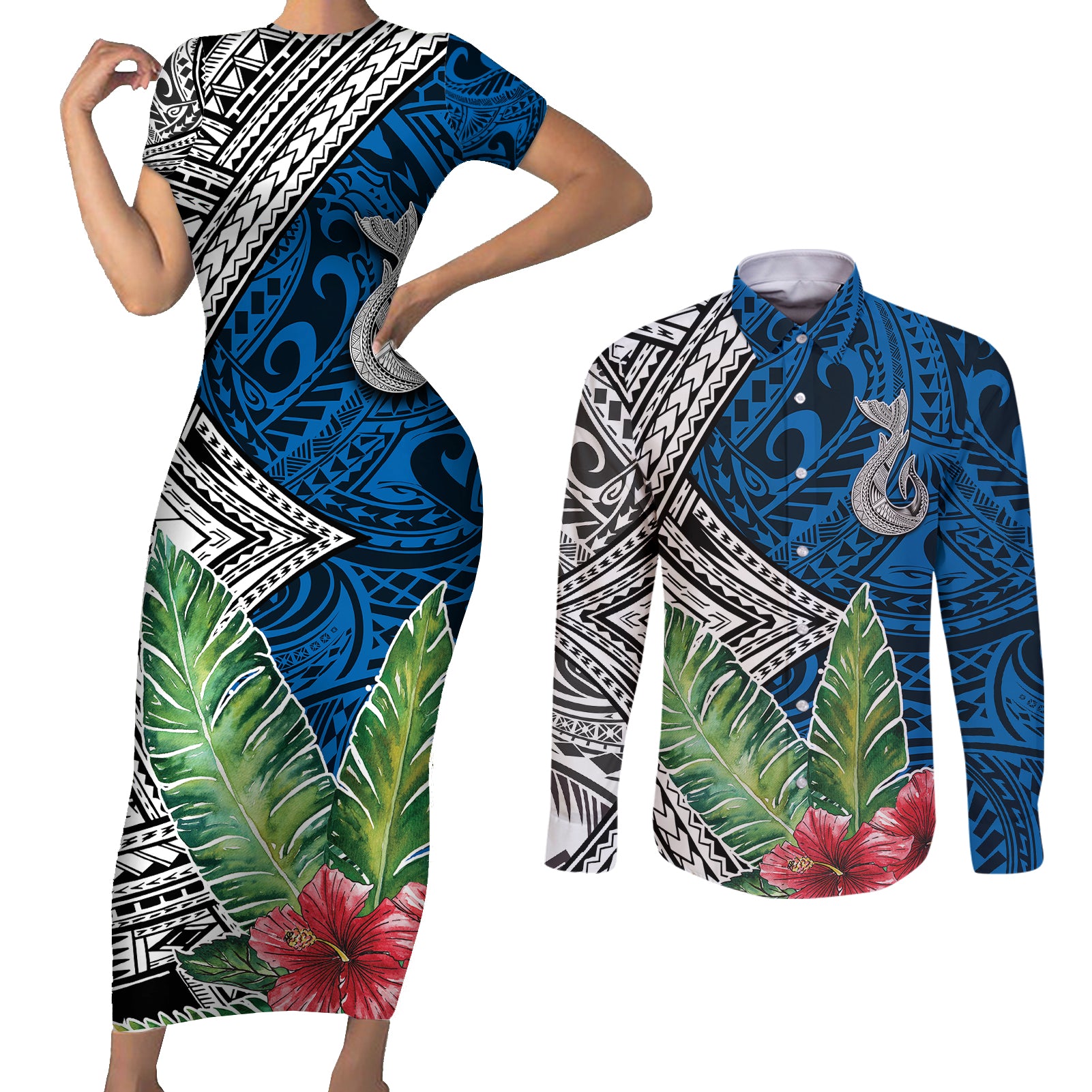 Polynesian Couples Matching Short Sleeve Bodycon Dress and Long Sleeve Button Shirts Whale Pattern and Hibiscus Flowers TS04 Multicolor - Polynesian Pride