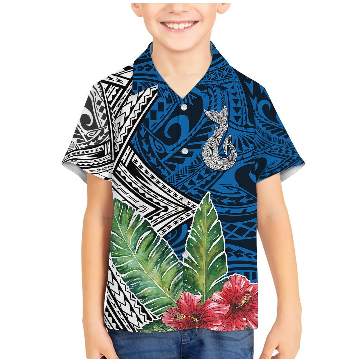 Polynesian Family Matching Mermaid Dress and Hawaiian Shirt Whale Pattern and Hibiscus Flowers TS04 Son's Shirt Multicolor - Polynesian Pride