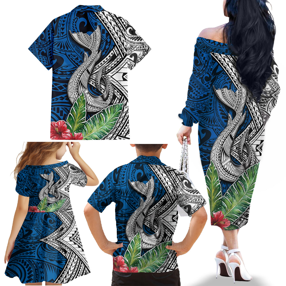 Polynesian Family Matching Off Shoulder Long Sleeve Dress and Hawaiian Shirt Whale Pattern and Hibiscus Flowers TS04 - Polynesian Pride