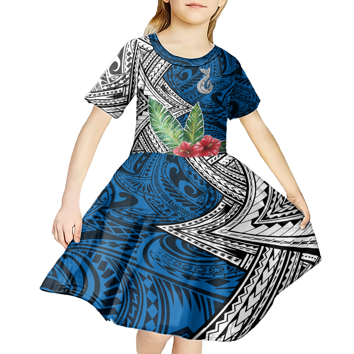 Polynesian Kid Short Sleeve Dress Whale Pattern and Hibiscus Flowers TS04 - Polynesian Pride
