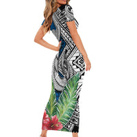 Polynesian Short Sleeve Bodycon Dress Whale Pattern and Hibiscus Flowers TS04 - Polynesian Pride