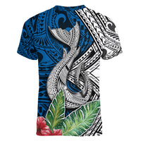 Polynesian Women V Neck T Shirt Whale Pattern and Hibiscus Flowers TS04 - Polynesian Pride