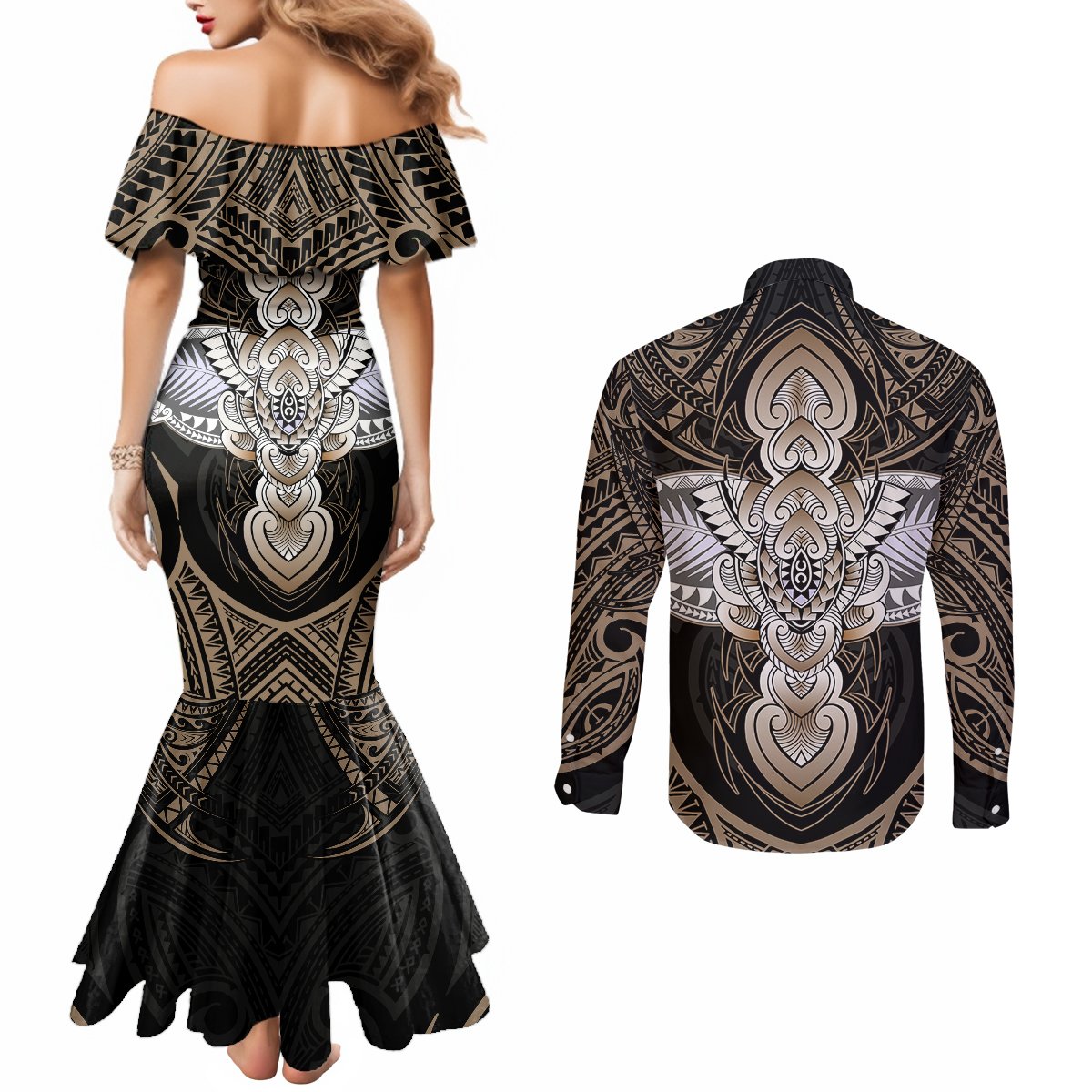 Polynesian Hawaii Tattoo Couples Matching Mermaid Dress and Long Sleeve Button Shirts TS04 - Polynesian Pride