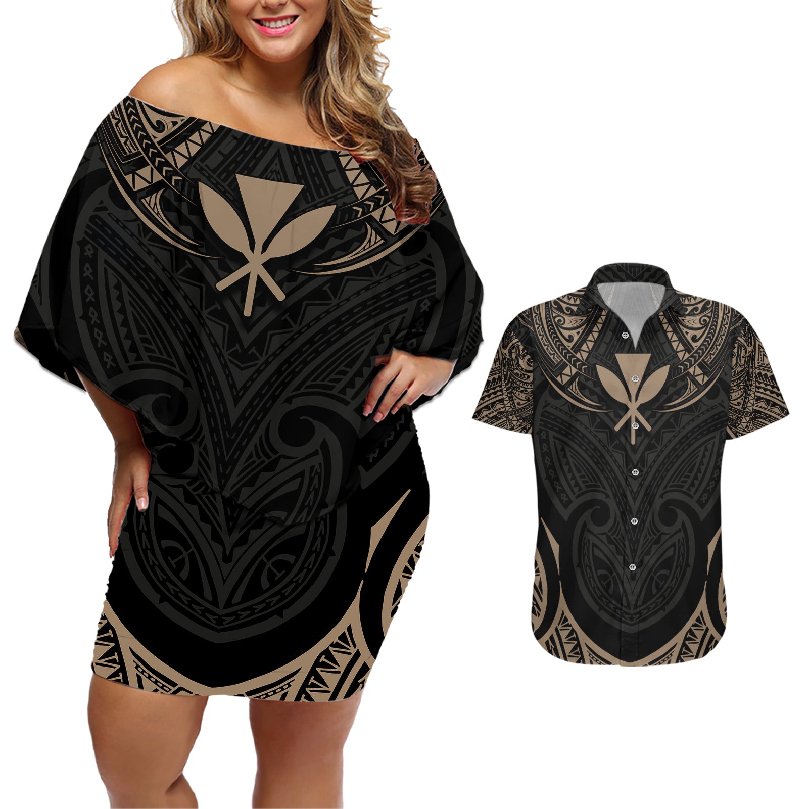 Polynesian Hawaii Tattoo Couples Matching Off Shoulder Short Dress and Hawaiian Shirt TS04 Multicolor - Polynesian Pride