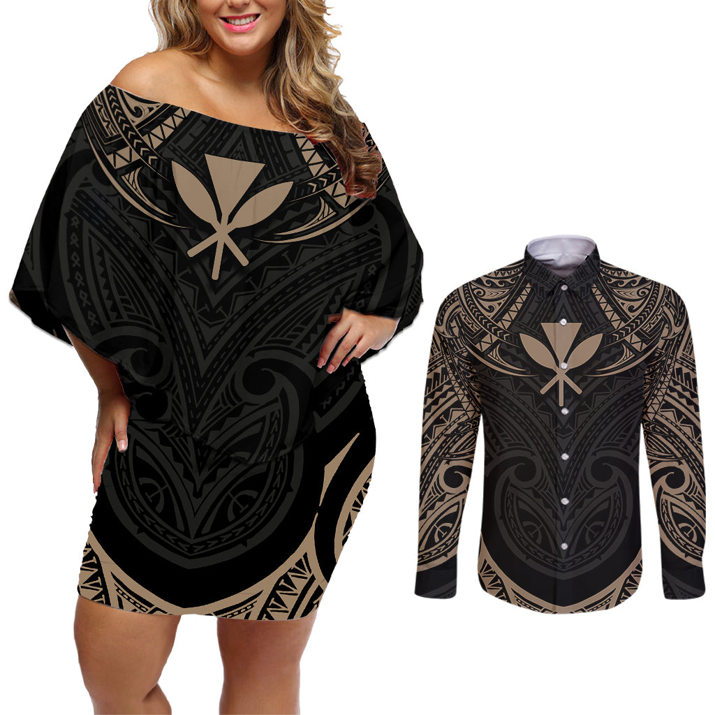 Polynesian Hawaii Tattoo Couples Matching Off Shoulder Short Dress and Long Sleeve Button Shirts TS04 Multicolor - Polynesian Pride