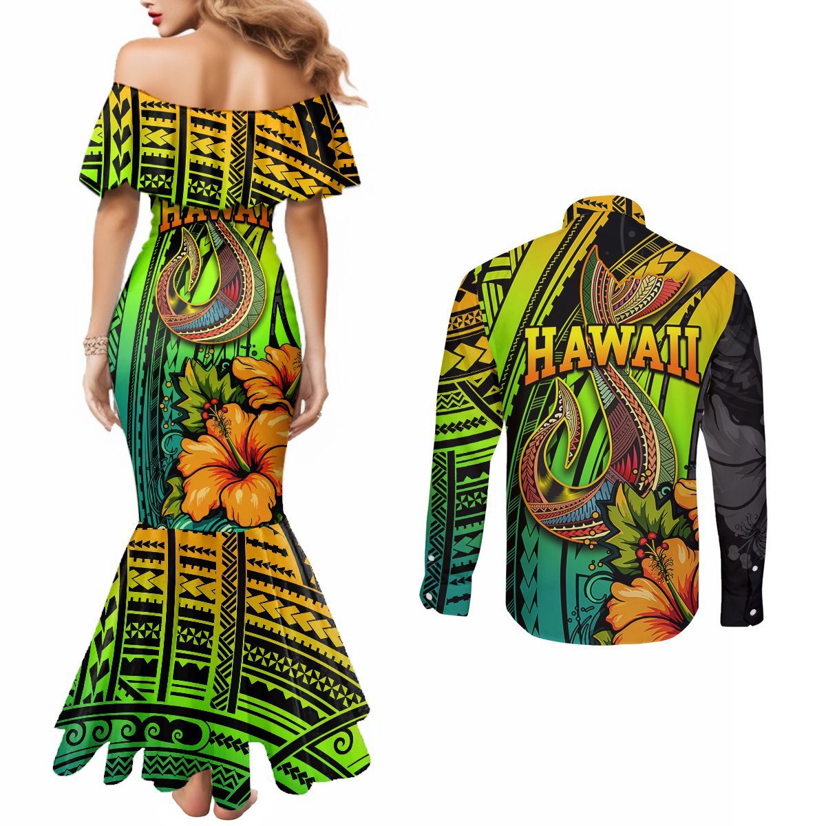 Hawaii Couples Matching Mermaid Dress and Long Sleeve Button Shirts Polynesian Fish Hook and Hibiscus Flowers with Gradient Pattern TS04 - Polynesian Pride