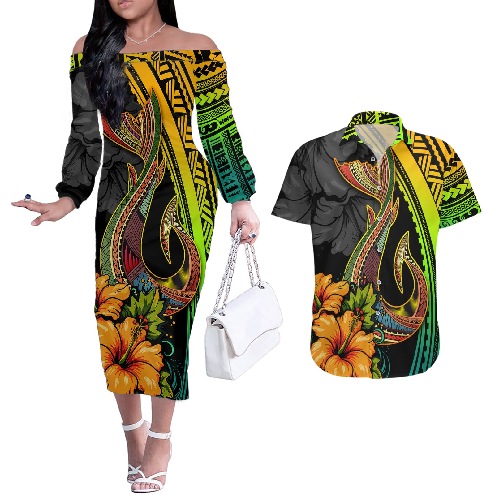 Hawaii Couples Matching Off The Shoulder Long Sleeve Dress and Hawaiian Shirt Polynesian Fish Hook and Hibiscus Flowers with Gradient Pattern TS04 Multicolor - Polynesian Pride