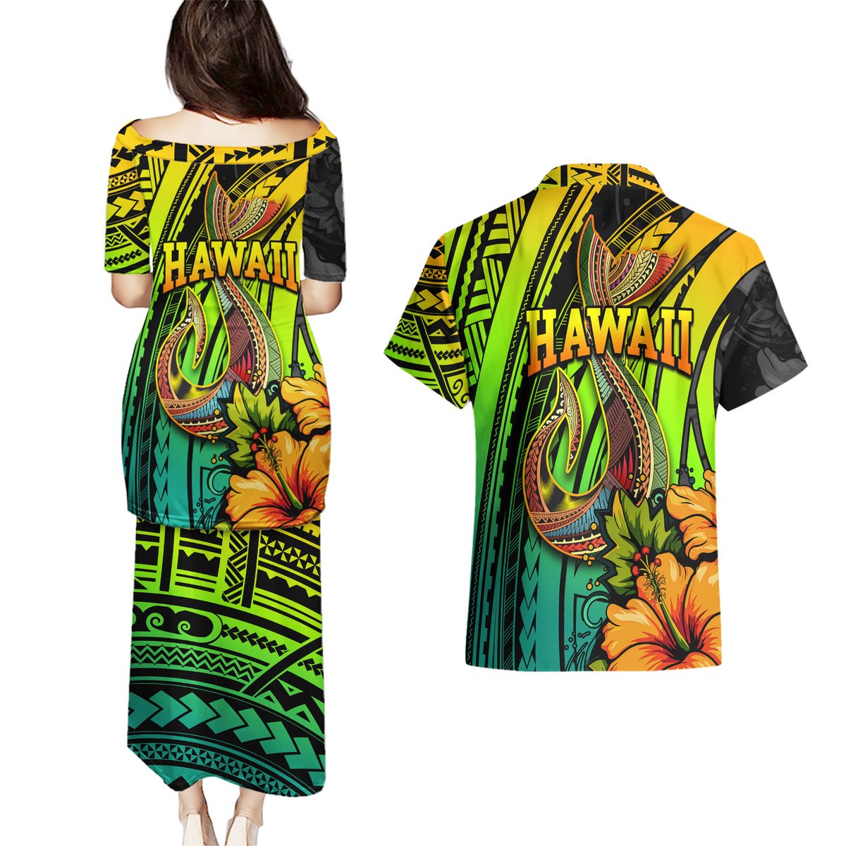 Hawaii Couples Matching Puletasi Dress and Hawaiian Shirt Polynesian Fish Hook and Hibiscus Flowers with Gradient Pattern TS04 - Polynesian Pride