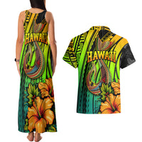 Hawaii Couples Matching Tank Maxi Dress and Hawaiian Shirt Polynesian Fish Hook and Hibiscus Flowers with Gradient Pattern TS04 - Polynesian Pride